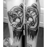 Surrealism style black ink leg tattoo of bear with human arm
