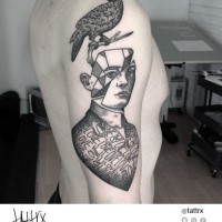 Surrealism style black ink shoulder tattoo of man with bird and lettering