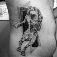 Surrealism style black ink side tattoo of big statue with geometrical ornaments