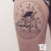 Surrealism style black ink thigh tattoo of cat with big house