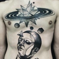 Tatuaggio petto e pancia in stile surrealismo stile blackwork con figure geometriche di Michele Zingales