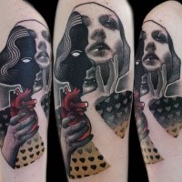 Surrealism style colored arm tattoo of woman face with hearts