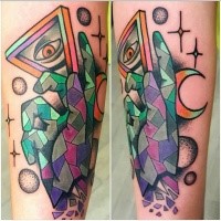 Surrealism style colored arm tattoo of stone arm with moon, stars and triangle