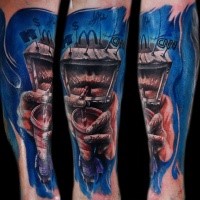 Surrealism style colored arm tattoo of drinking human mouth with various emblems