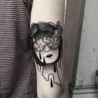 Surrealism style colored arm tattoo of woman face with clouds