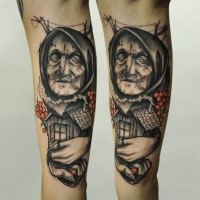 Surrealism style colored arm tattoo of little old woman with house and flowers