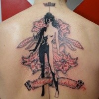Surrealism style colored back tattoo of woman with flowers and crown
