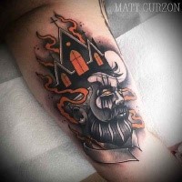 Surrealism style colored biceps tattoo of demonic man with burning church