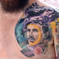 Surrealismus Stil farbiges Brust Tattoo von Porträt des Menschen mit Teslas Turm