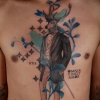 Surrealism style colored chest tattoo of deer in suit with lettering