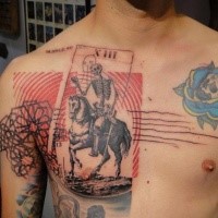 Surrealism style colored chest tattoo of skeleton horse rider card