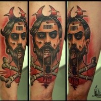 Surrealism style colored forearm tattoo of of creepy man with crossed bones
