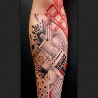 Surrealism style colored forearm tattoo of various ornaments