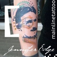 Surrealism style colored forearm tattoo of Nikola Tesla