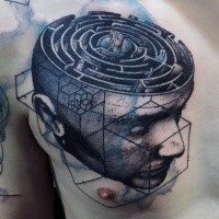Surrealism style colored human head with labyrinth