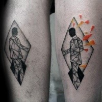 Surrealistischer Stil farbiges Bein Tattoo mit mystischem Mann