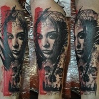 Surrealism style colored leg tattoo of woman with skull