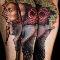 Surrealism style colored leg tattoo of mysterious woman with bird and planet