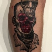 Surrealism style colored leg tattoo of Frankenstein monster face