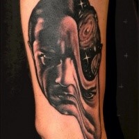 Surrealism style colored man face tattoo stylized with deep space