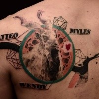 Surrealism style colored scapular tattoo of big goat with lettering and geometrical figure