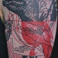 Surrealism style colored shoulder tattoo of dinosaur head with flowers and heart
