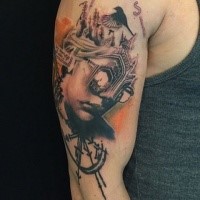Surrealism style colored shoulder tattoo of human face stylized with medieval cathedral and clock