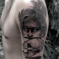 Surrealism style colored shoulder tattoo of creepy woman face with cat skull