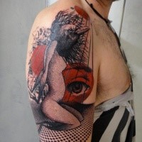 Surrealism style colored shoulder tattoo of woman with bird head  and big eye