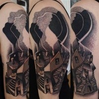 Surrealism style colored shoulder tattoo of strange looking house
