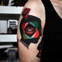 Surrealism style colored shoulder tattoo of various ornaments and woman leaps