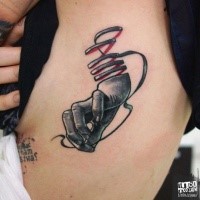 Surrealism style colored side tattoo of interesting shaped human hand