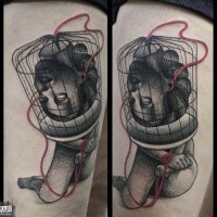 Surrealism style colored statue tattoo of woman head in bird cage