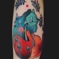 Surrealism style colored tattoo of cat with mushrooms