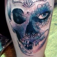 Surrealism style colored tattoo of mystical face with skull