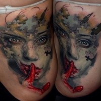 Surrealism style colored tattoo of puzzle woman with bloody hands