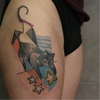 Surrealism style colored thigh tattoo of cat with stars