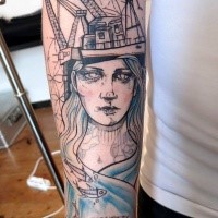 Surrealism style detailed arm tattoo of woman face with oil tower