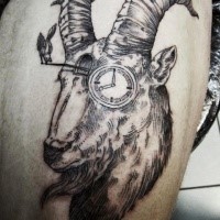 Surrealism style detailed thigh tattoo of big goat combined with clock