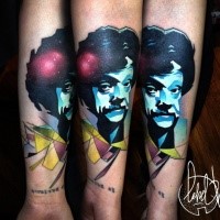 Surrealism style multicolored forearm tattoo of mans face with mustche