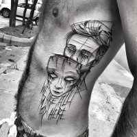 Schizzo del tatuaggio in stile surrealismo dipinto da Inez Janiak dell'uomo con maschera mistica