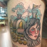 Surrealistic painted colored thigh tattoo of train with woman head