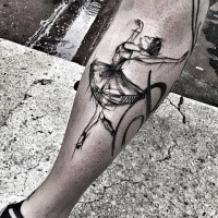 Sweet black ink leg tattoo of ballet dancer by Inez Janiak