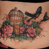 bellissimo colorato dipinto grande gabbia con uccelli liberi e fiori tatuaggio su parte bassa dellaschiena