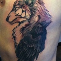 Sweet colored big fox with crow tattoo on chest