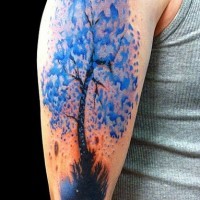 Sweet colored big lonely tree on shoulder tattoo