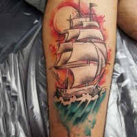 Sweet colorful ship on sea tattoo on leg