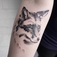 Sweet looking black ink arm tattoo of fox head