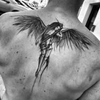 Sweet looking black ink sketch style by Inez Janiak tattoo of dramatic angel