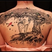 Sweet looking colored back tattoo of deer with tree and bird